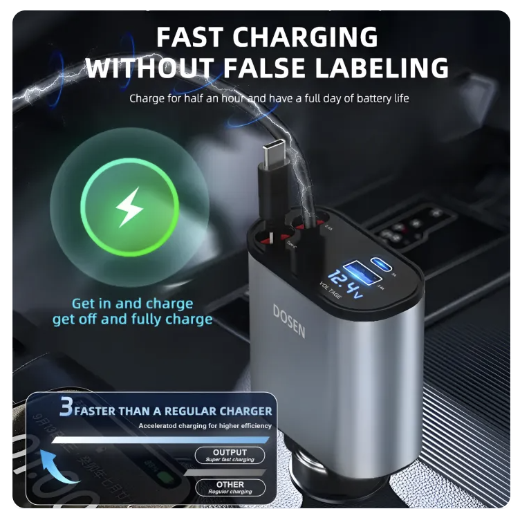 DOSEN 120W Retractable Car Charger 4-in-1 MagSafe Fast Charging Built-in Lightning USB-C Cables for iPhone Samsung Pixel