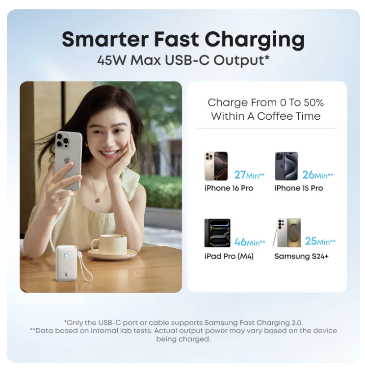 Anker Nano 10,000mAh 45W Power Bank with Built-in Retractable USB-C Cable InstaCord for iPhone 17 16 Pro Max Galaxy S25 Pixel 9 iPad