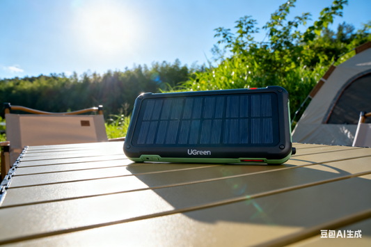 A green UGREEN solar-powered charger sits on a wooden picnic table in a sunny outdoor campsite, surrounded by lush trees, grass, and a nearby tent, highlighting eco-friendly portable tech accessories.