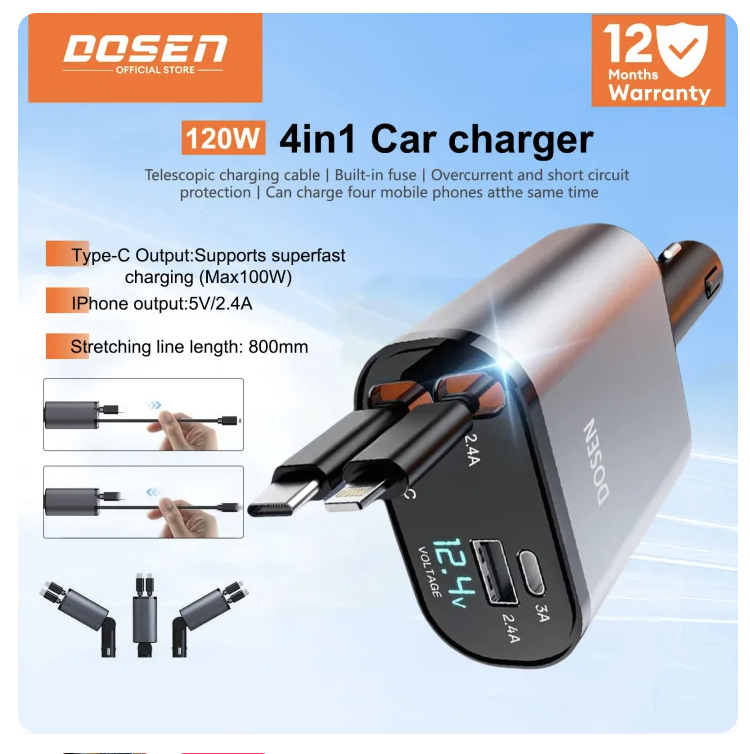 DOSEN 120W Retractable Car Charger 4-in-1 MagSafe Fast Charging Built-in Lightning USB-C Cables for iPhone Samsung Pixel
