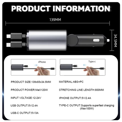 DOSEN 120W Retractable Car Charger 4-in-1 MagSafe Fast Charging Built-in Lightning USB-C Cables for iPhone Samsung Pixel