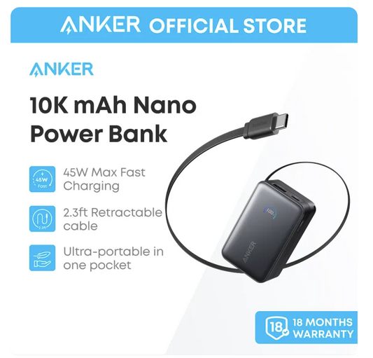 Anker Nano 10,000mAh 45W Power Bank with Built-in Retractable USB-C Cable InstaCord for iPhone 17 16 Pro Max Galaxy S25 Pixel 9 iPad