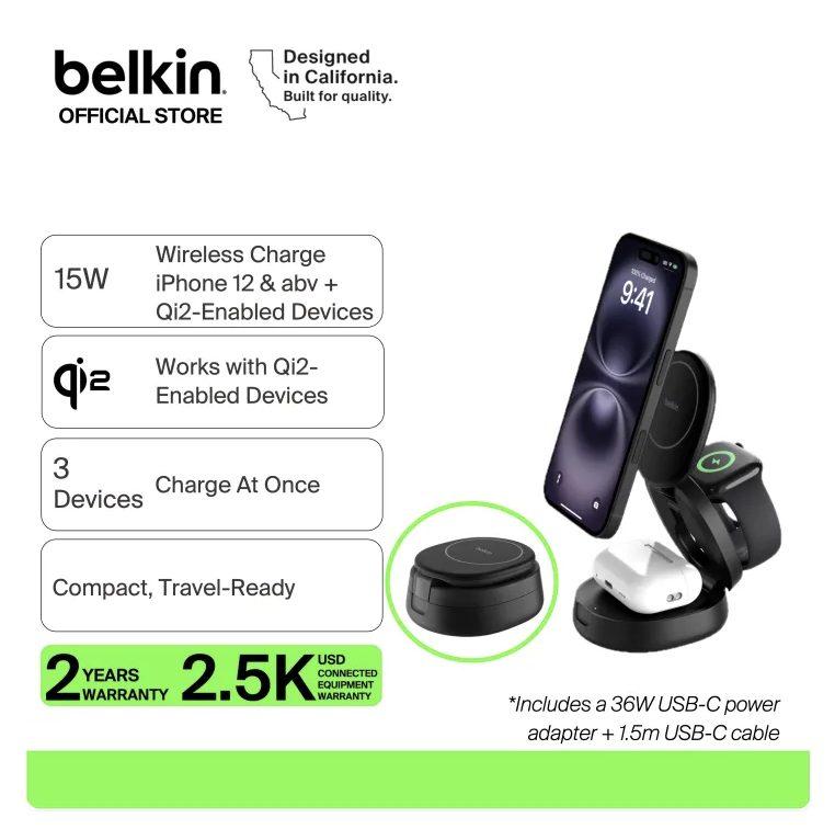 Belkin BoostCharge 3-in-1 Convertible Qi2 15W Magnetic Charging Stand for iPhone 17 16 Apple Watch AirPods Foldable Pad