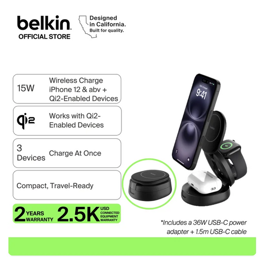 Belkin BoostCharge 3-in-1 Convertible Qi2 15W Magnetic Charging Stand for iPhone 17 16 Apple Watch AirPods Foldable Pad