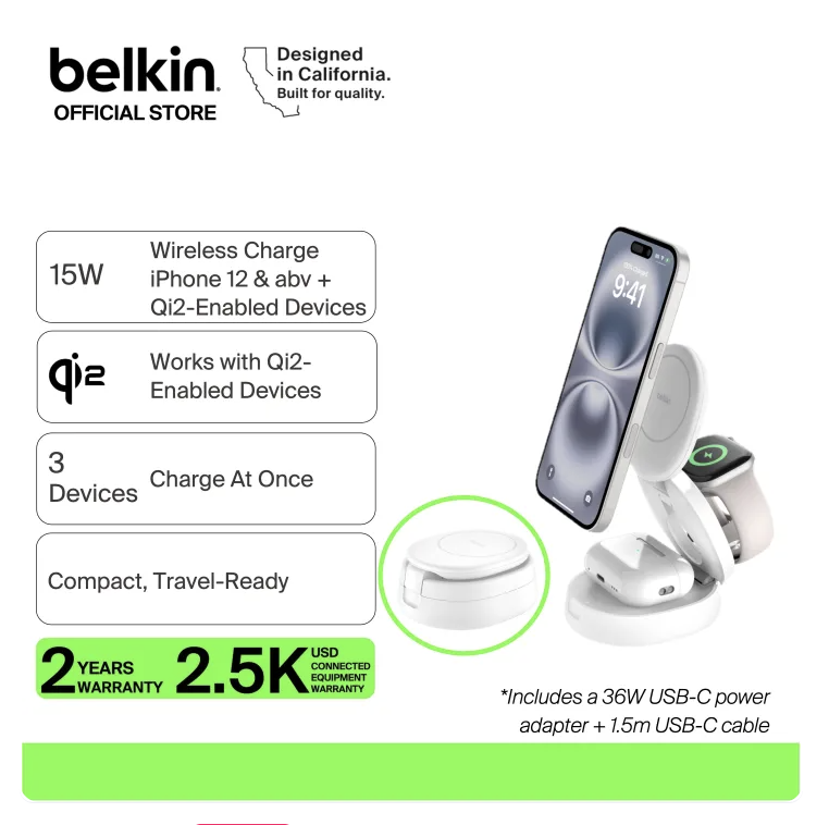 Belkin BoostCharge 3-in-1 Convertible Qi2 15W Magnetic Charging Stand for iPhone 17 16 Apple Watch AirPods Foldable Pad