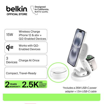 Belkin BoostCharge 3-in-1 Convertible Qi2 15W Magnetic Charging Stand for iPhone 17 16 Apple Watch AirPods Foldable Pad