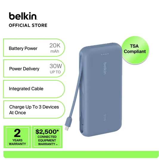 Belkin BoostCharge 20K Power Bank with Built-in Retractable USB-C Cable 30W PD Fast Charging for iPhone iPad Samsung Pixel