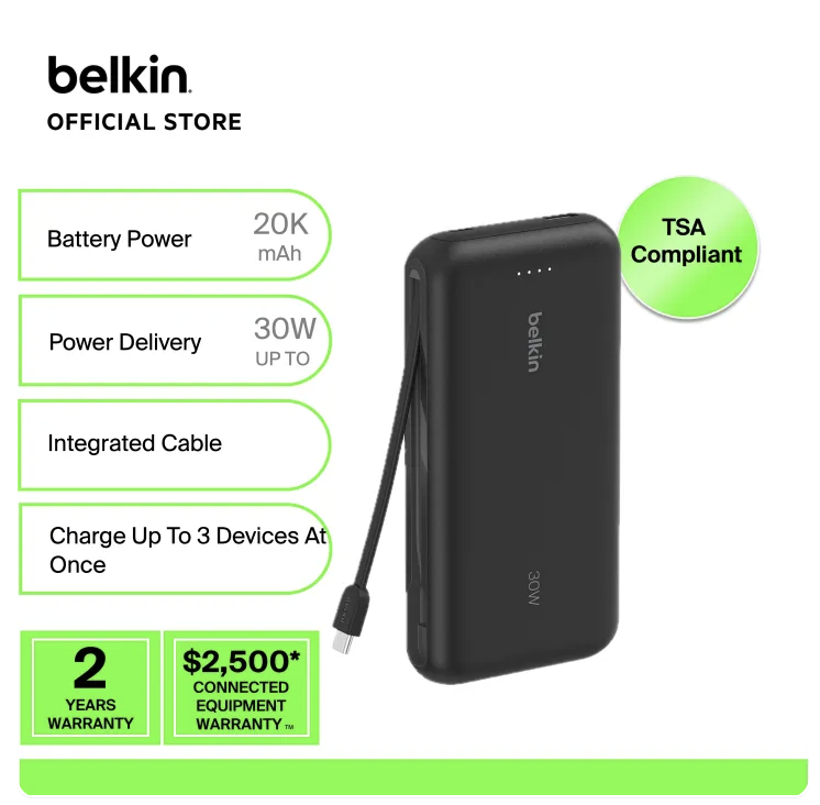 Belkin BoostCharge 20K Power Bank with Built-in Retractable USB-C Cable 30W PD Fast Charging for iPhone iPad Samsung Pixel