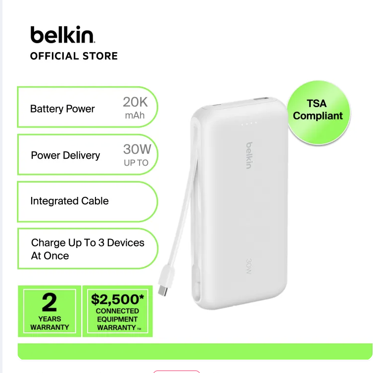 Belkin BoostCharge 20K Power Bank with Built-in Retractable USB-C Cable 30W PD Fast Charging for iPhone iPad Samsung Pixel