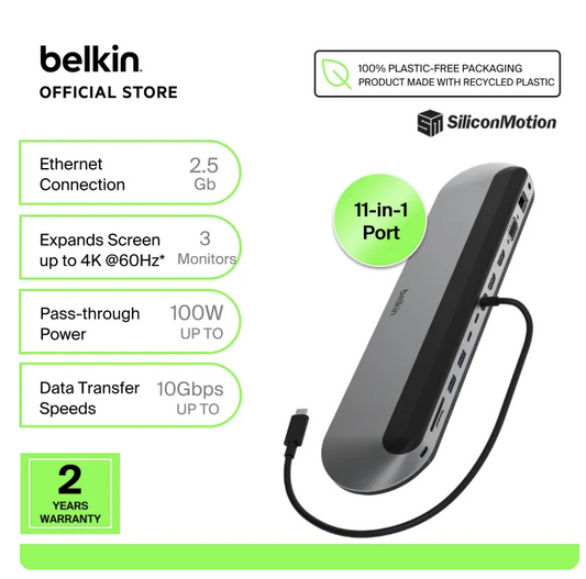 Belkin INC014 BoostCharge Pro 11-in-1 USB-C Hub Dock 140W PD Triple 4K@120Hz 2.5Gbps Ethernet for MacBook iPad Windows