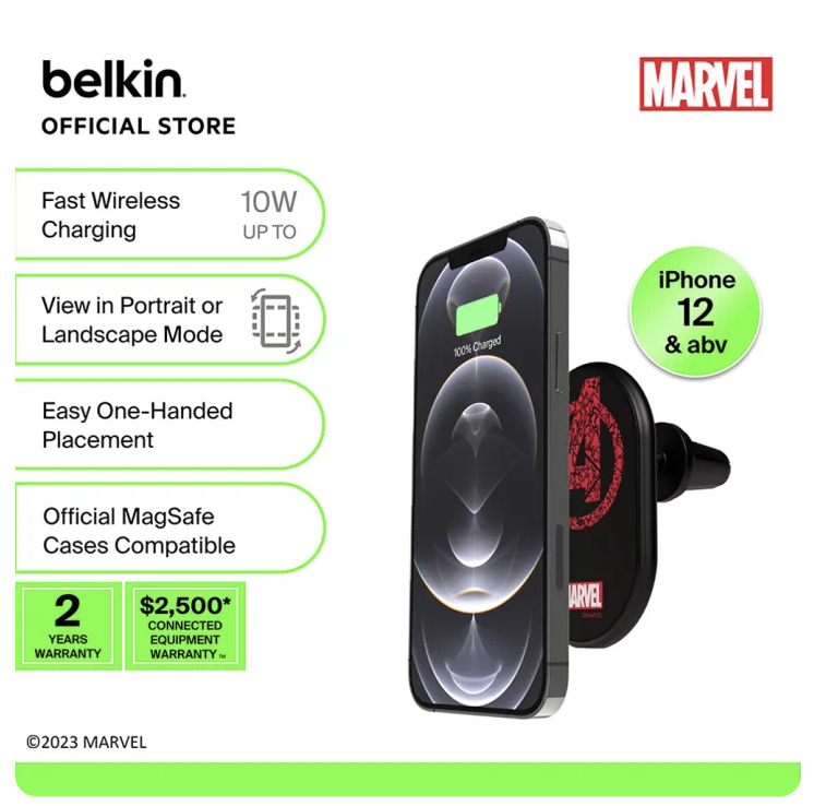 Belkin Marvel BoostCharge Magnetic Wireless Car Charger 10W Spider-Man Iron Man Captain America for iPhone 16 15 MagSafe Vent Mount