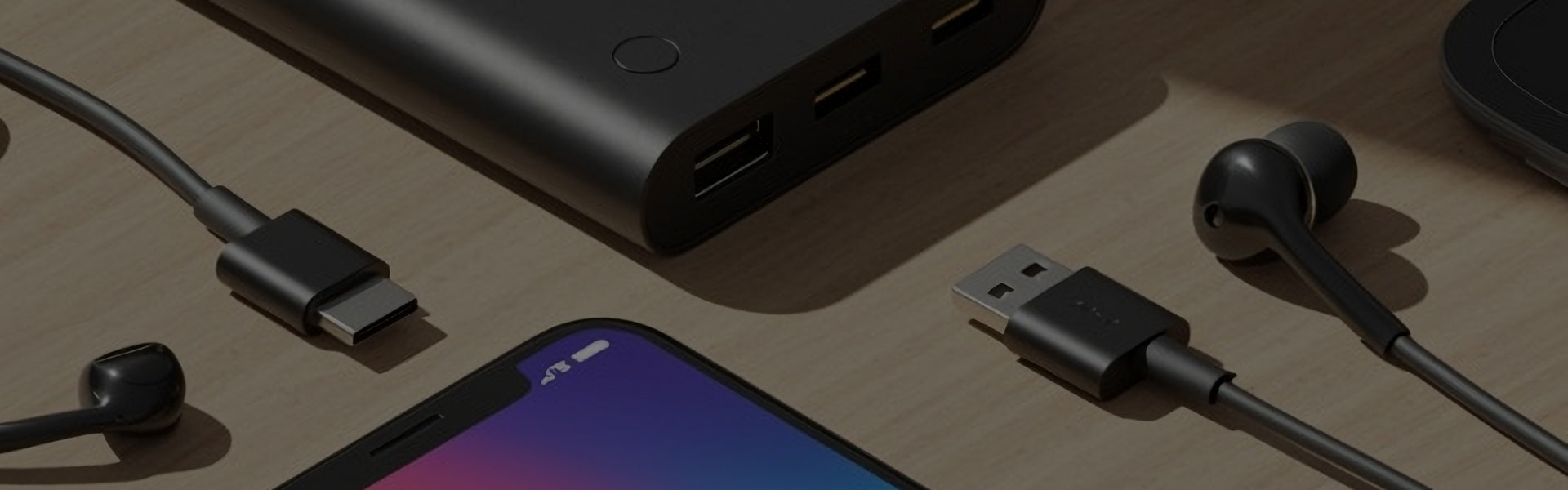 Ellis Edge charging accessories lineup: black power bank, USB-C cables, earbuds, and white iPhone on desk—quick guide to car mounts, holders, and 2025 mobile essentials.
